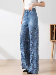 Lace-Panel Wide-Leg Jeans