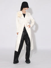 Floral Applique Collarless Long Coat