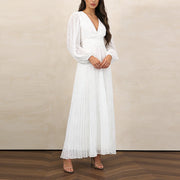 V-Neck Pleated Long Dress