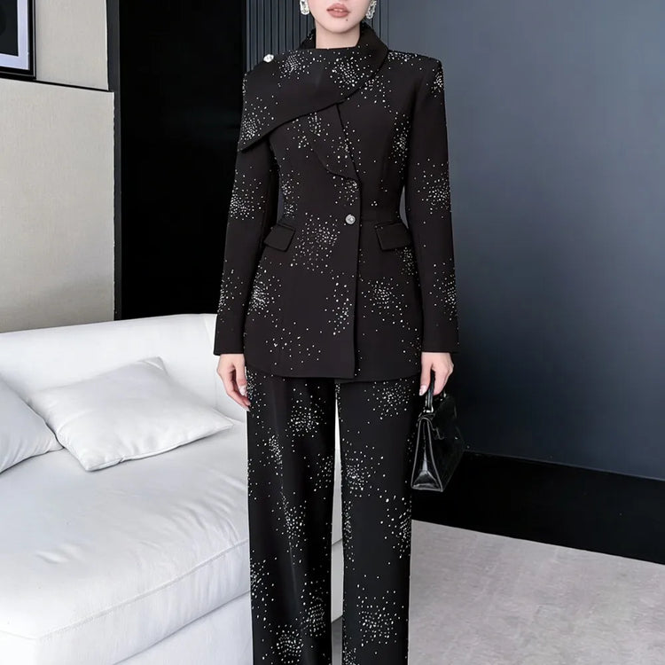 TWOTWINSTYLE Black Spliced Diamonds Two Piece Set Female O Neck Long Sleeve Jacket Commute Elegant Women's Pants Set Autumn New