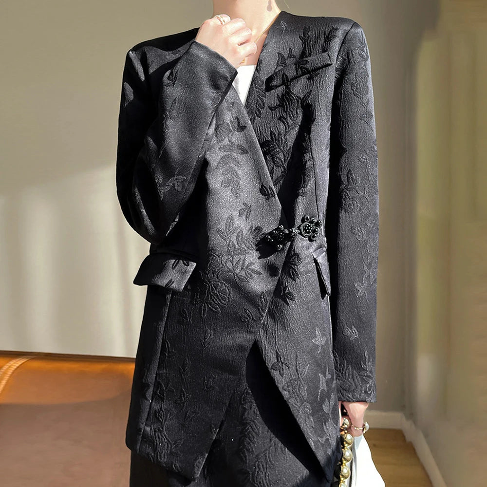 Floral-Textured Collarless Blazer