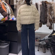 Contrast-Collar Cropped Puffer Jacket