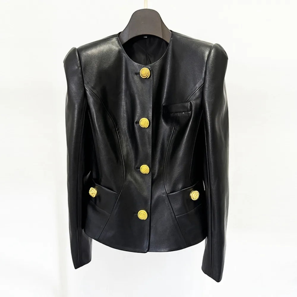 Glossy Collarless Button Jacket
