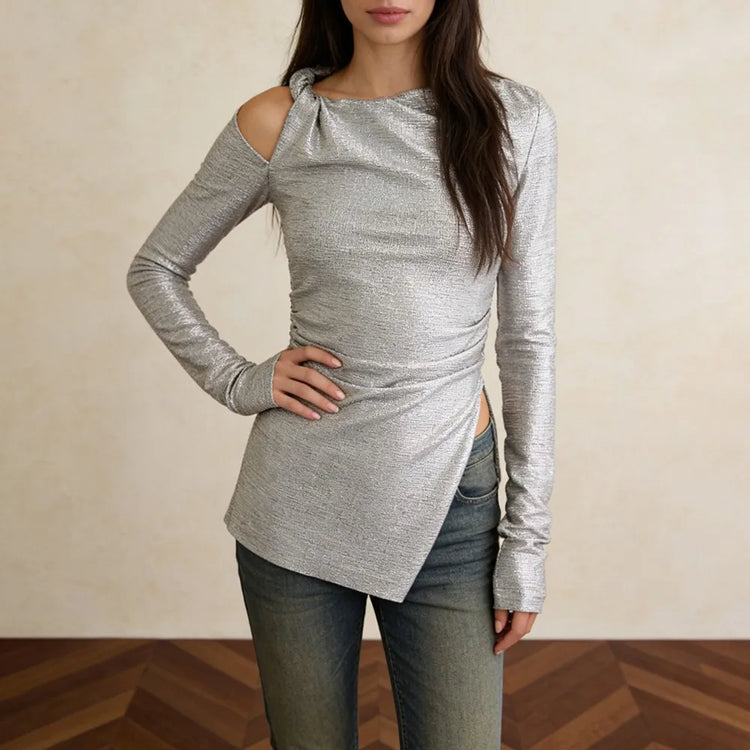 Cutout-Shoulder Asymmetric Long-Sleeve Top
