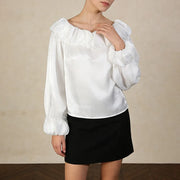Ruffle-Neck Balloon-Sleeve Blouse