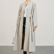 Collarless Tie-Waist Long Coat