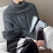 Fluffy-Cuff Cable-Knit Sweater