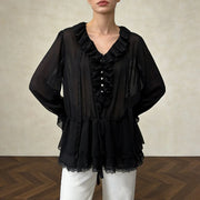 Ruffle-Front Drawstring Blouse