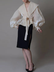 Tie-Front Balloon-Sleeve Blouse