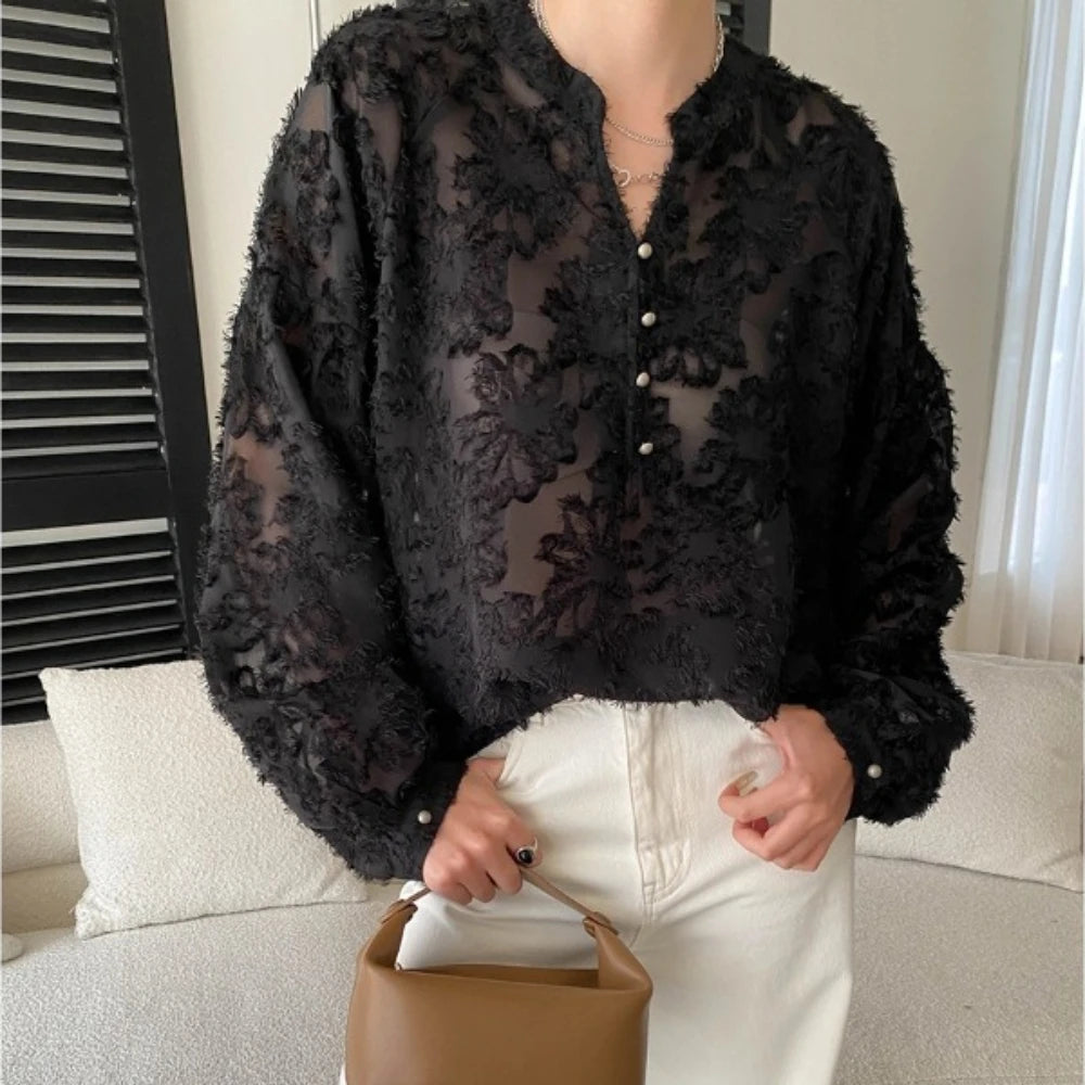 Textured Floral Long-Sleeve Blouse