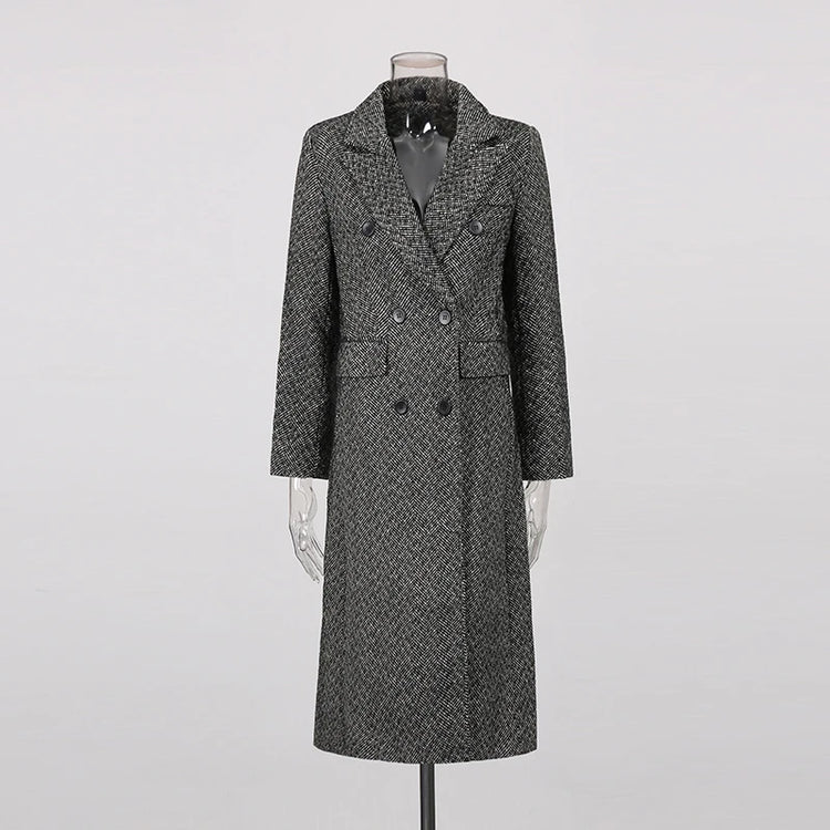Textured Double-Breasted Long Coat