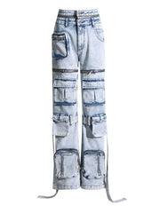 Contrast-Pocket Wide-Leg Cargo Jeans