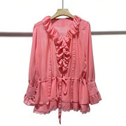 Ruffle-Front Drawstring Blouse