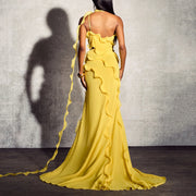 Asymmetric Ruffle Slit Long Dress