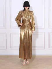 Ruched-Waist Long-Sleeve Long Dress