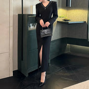 Embellished V-Neck Split-Hem Dress