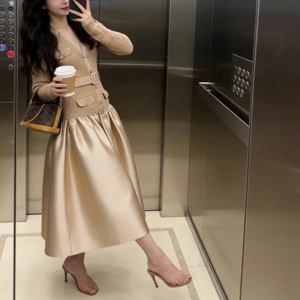Contrast-Skirt Long-Sleeve Dress