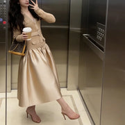 Contrast-Skirt Long-Sleeve Dress