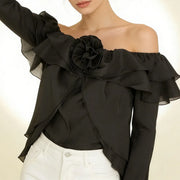 Rosette Off-Shoulder Ruffle Blouse