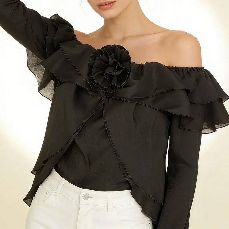 Rosette Off-Shoulder Ruffle Blouse