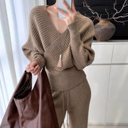 TWOTWINSTYLE Solid Spliced Lace Up Two Piece Set Female V Neck Long Sleeve Sweater Casual Lazy Women's Trousers Set Autumn New