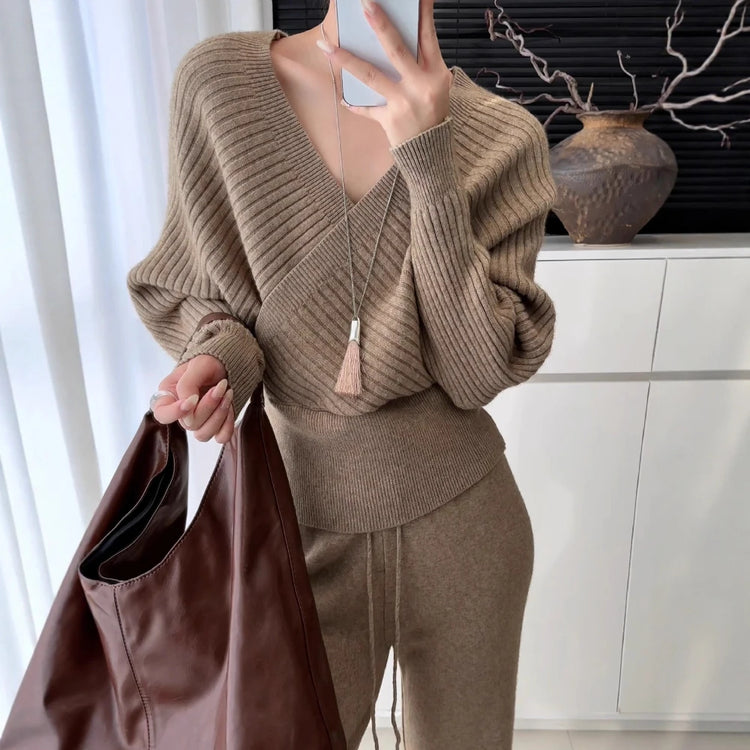 TWOTWINSTYLE Solid Spliced Lace Up Two Piece Set Female V Neck Long Sleeve Sweater Casual Lazy Women's Trousers Set Autumn New
