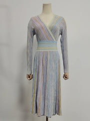 Striped V-Neck Long-Sleeve Dress