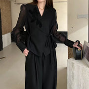 TWOTWINSTYLE Solid Spliced Lace Up Two Piece Set Female V Neck Long Sleeve Jacket Temperament Women's Trousers Set Fashion New