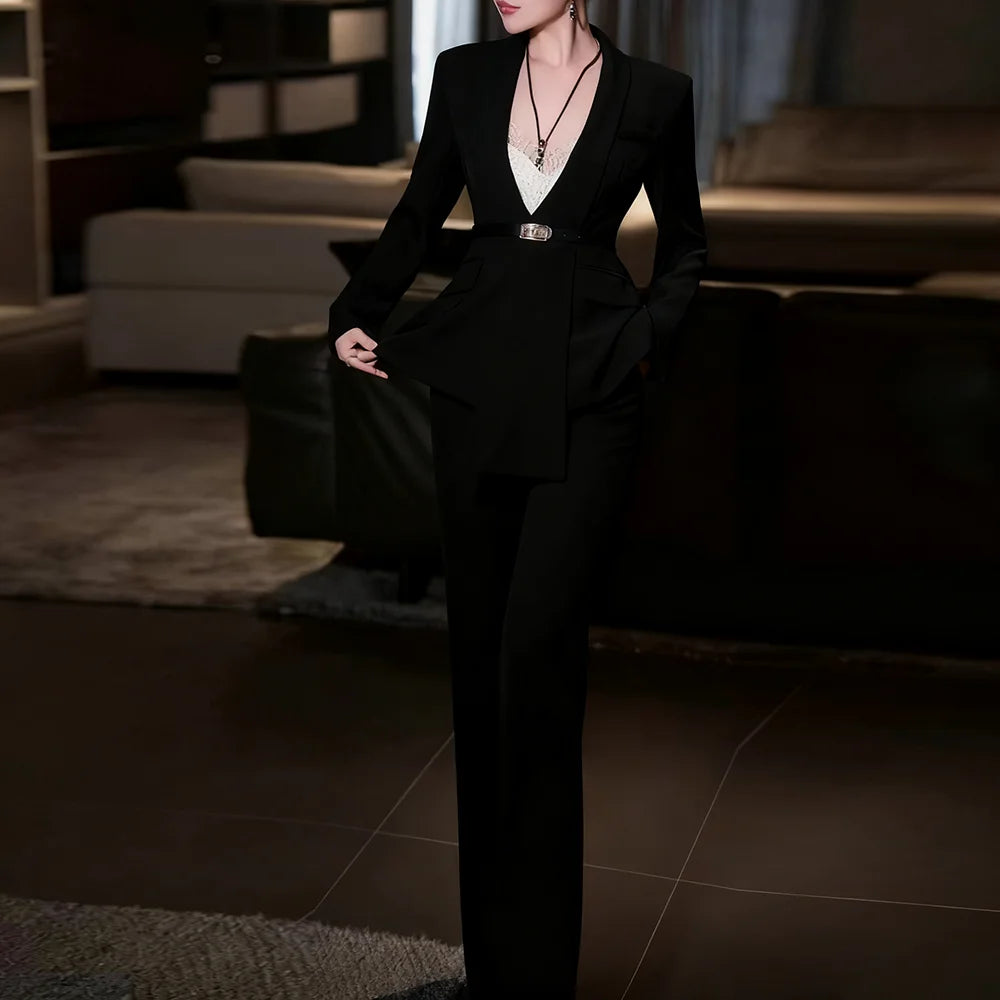 TWOTWINSTYLE Solid Spliced Sashes Two Piece Set Female Lapel Long Sleeve Jacket Office Commute Women's Trousers Set Fashion New