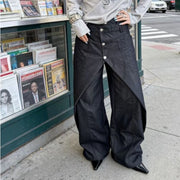 Button-Overlay Wide-Leg Pants