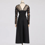 Sheer-Sleeve Halter Flared Dress