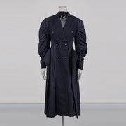 Ruched-Sleeve Double-Breasted Long Coat