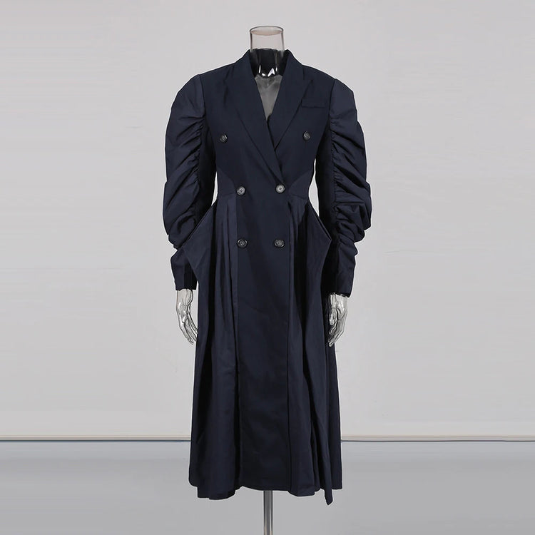Ruched-Sleeve Double-Breasted Long Coat