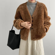 Textured V-Neck Button Jacket