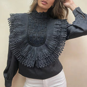 Pleated-Bib Long-Sleeve Blouse