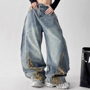 Leopard-Panel Barrel-Leg Jeans