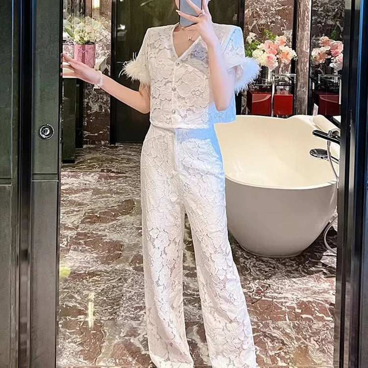 TWOTWINSTYLE Solid Sheer Two Piece Sets for Women V Neck Short Sleeve Spliced Single Breasted Top High Waist Pant Set Female New