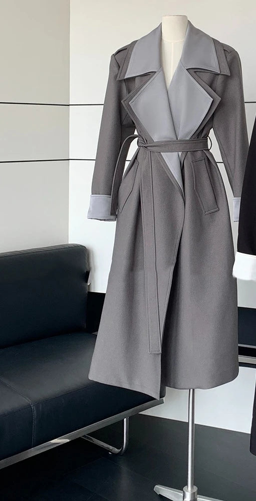 Contrast-Trim Long Trench Coat