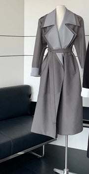 Contrast-Trim Long Trench Coat