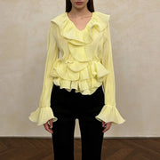 Ruffled V-Neck Cropped Blouse