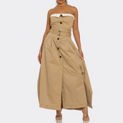 Strapless Button-Front Long Dress