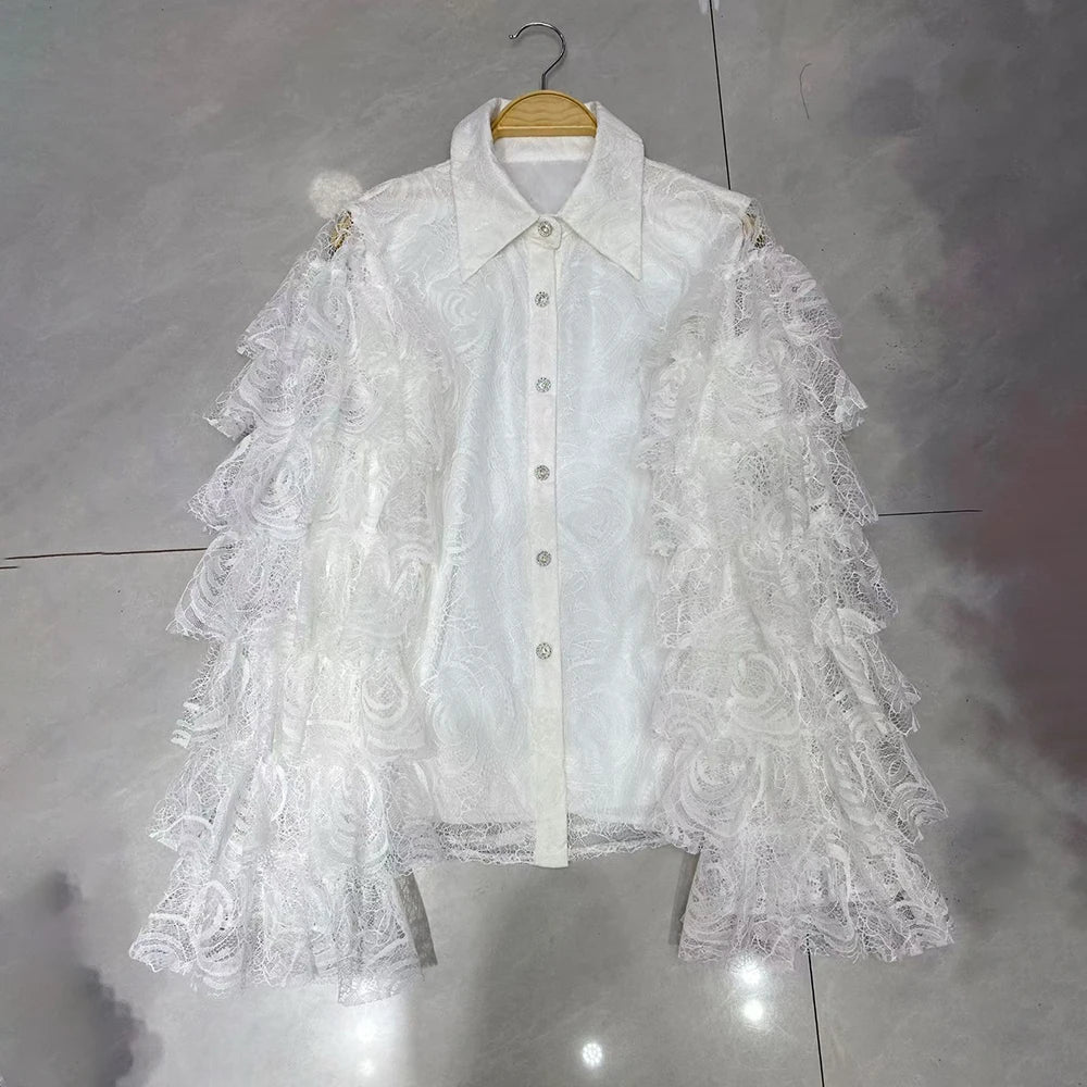 Tiered Ruffle-Sleeve Lace Shirt