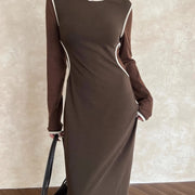 Contrast-Trim Long-Sleeve Dress