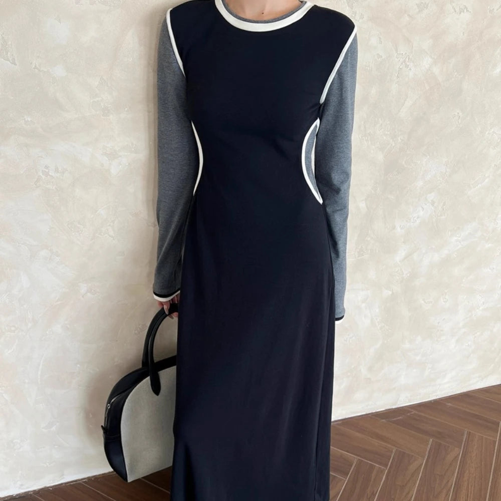 Contrast-Trim Long-Sleeve Dress