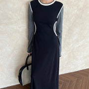 Contrast-Trim Long-Sleeve Dress
