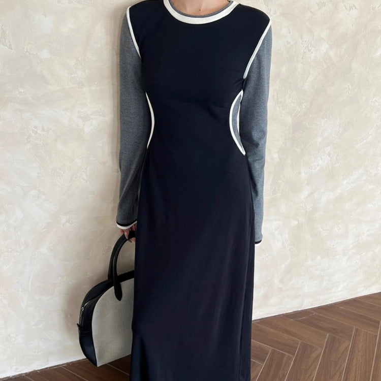 Contrast-Trim Long-Sleeve Dress