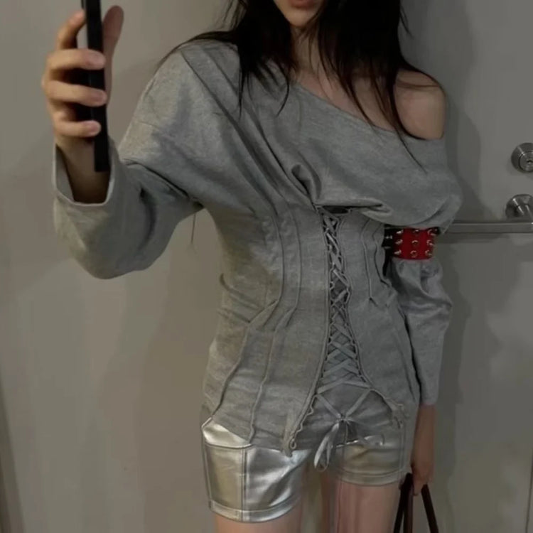 Lace-Up Asymmetric Long-Sleeve Top