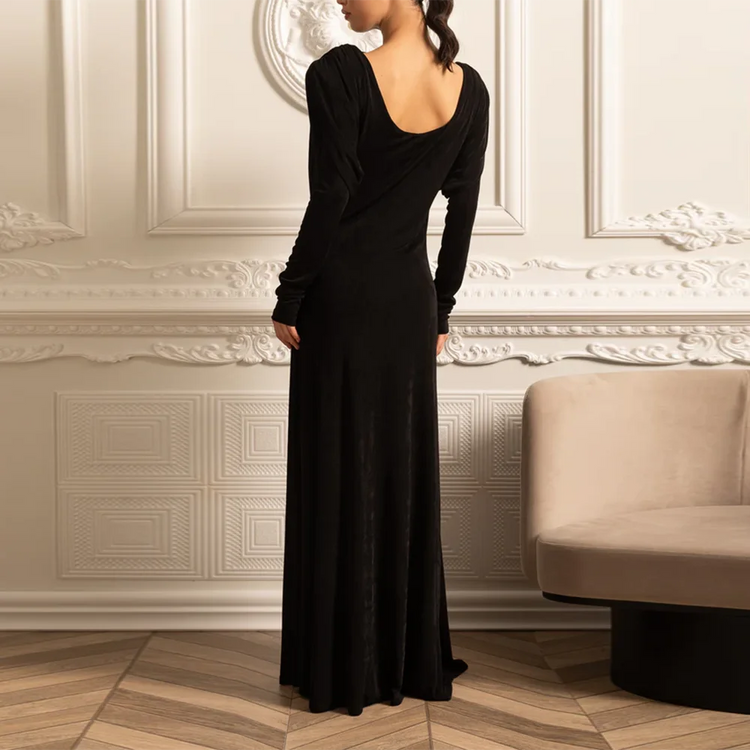 Scoop-Back Long-Sleeve Long Dress