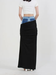 Contrast-Waist Ruched Long Skirt
