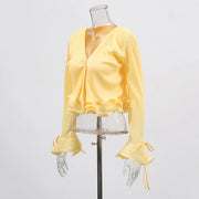 Flared-Cuff Ruffle-Hem Blouse